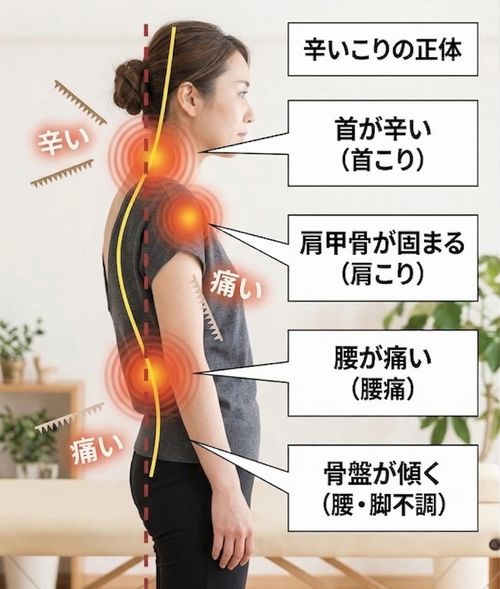 姿勢のゆがみが肩こりや頭痛・腰痛の原因の1つになる
